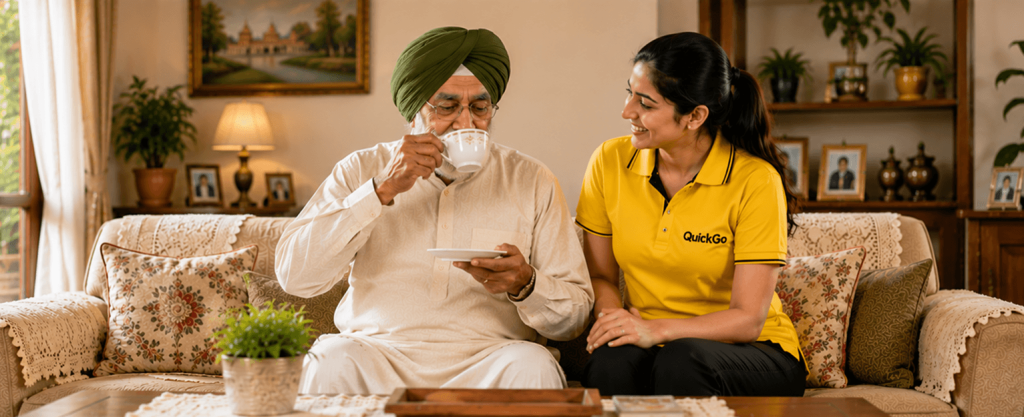 Elder care professional supporting a senior at home in Punjab