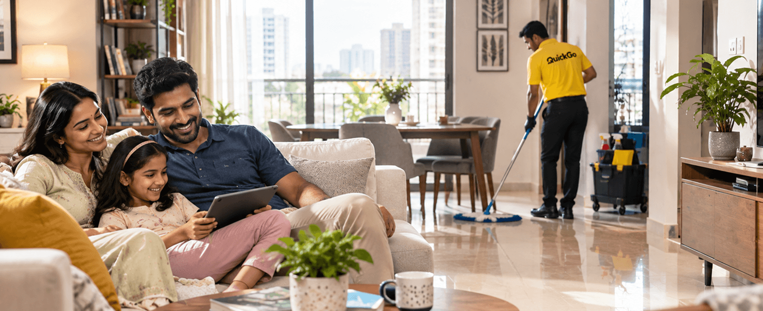 Full home cleaning by a verified professional through QuickGo in India