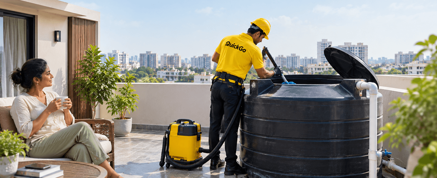 Professional water tank cleaning service for an Indian home through QuickGo
